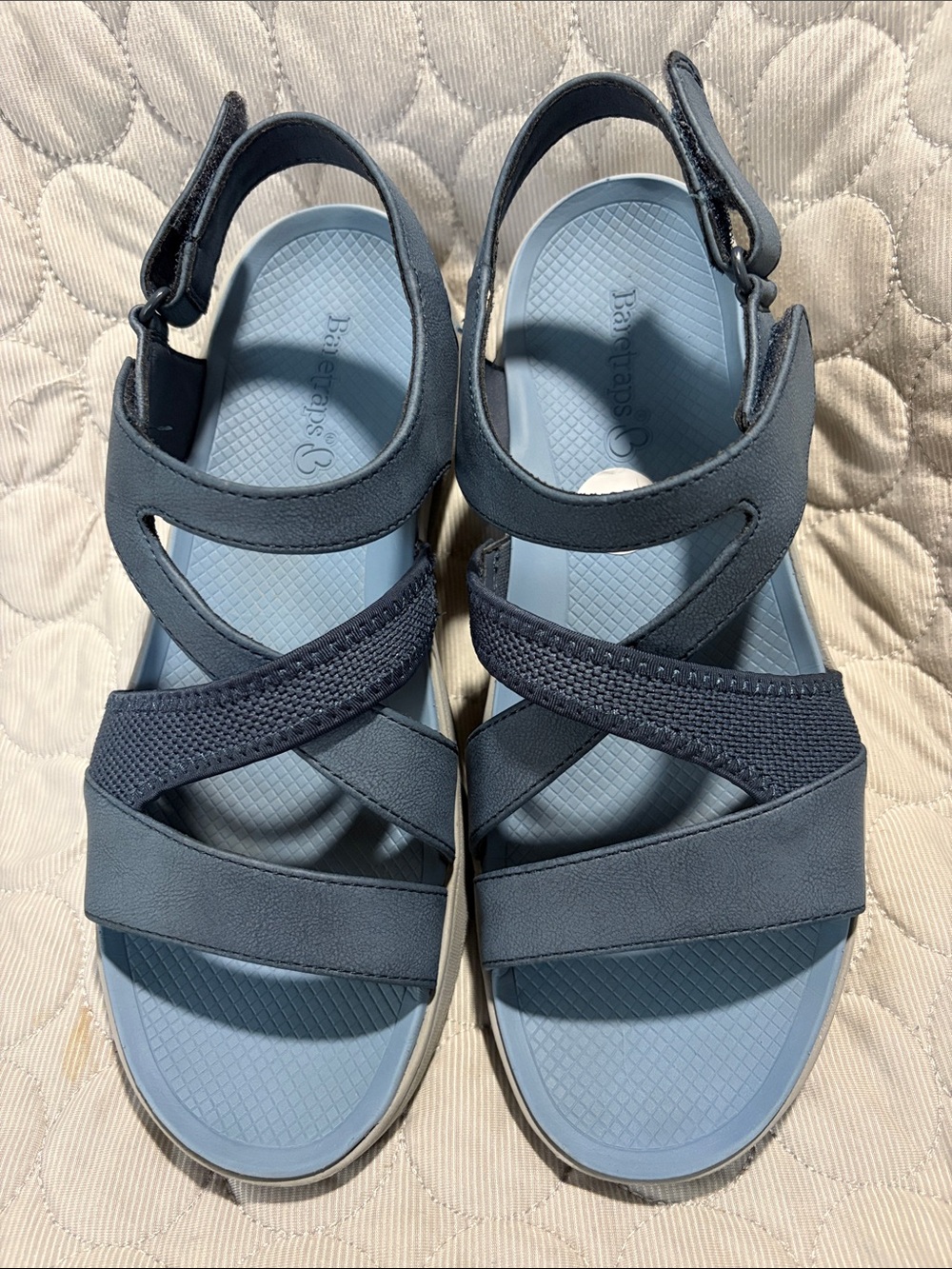 BareTraps Gray and Dark Blue Strappy Platform Sandals with Velcro for closure